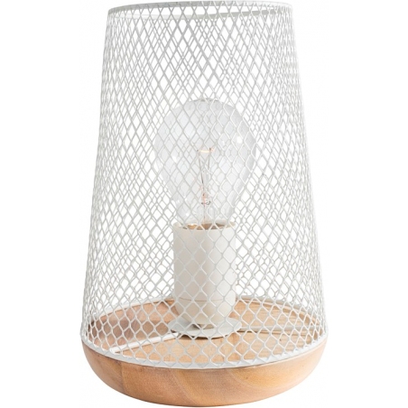 Skandynawska Lampa ażurowa stołowa Scone biało-drewniana do sypialni i salonu