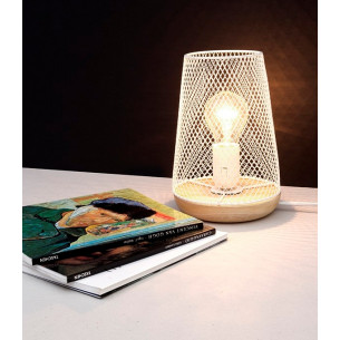 Skandynawska Lampa ażurowa stołowa Scone biało-drewniana do sypialni i salonu 2