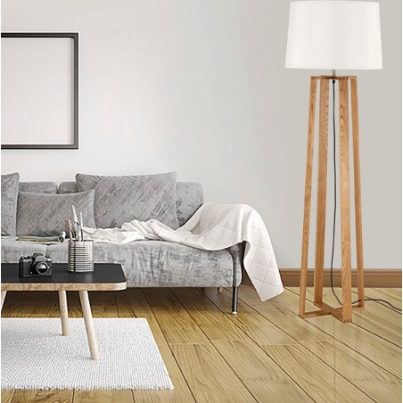 Stylowa Lampa podłogowa skandynawska z abażurem Fenil 38 biało-drewniana do salonu i sypialni