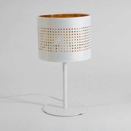 Stylowa Lampa stołowa z abażurem Tago biało-złota Tk Lighting do sypialni i salonu.