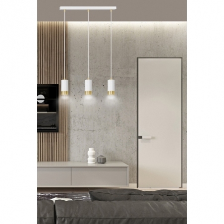 Stylowa Lampa wisząca potrójna punktowa Fumiko III biało-złota Emibig do salonu, kuchni i sypialni