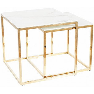 Stylish Gloria white marble effect&gold set of glass coffee tables Signal