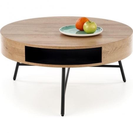 Camila 80 gold oak&amp;black round coffee table with shelf Halmar