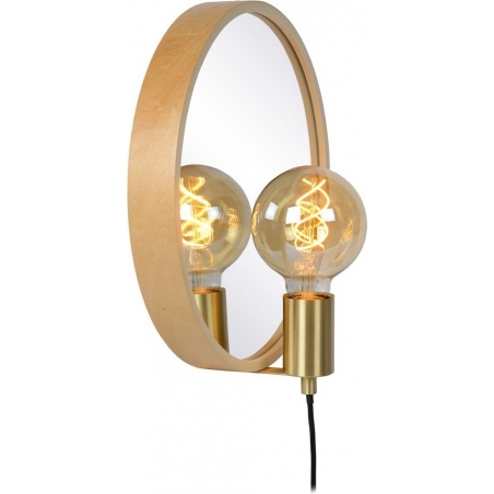 Stylowy Kinkiet okrągły z lustrem Reflex drewniano-złoty Lucide do sypialni i salonu