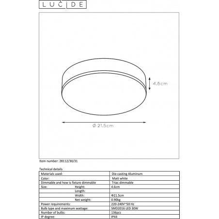 CERES Round 21 LED white round ceiling lamp Lucide