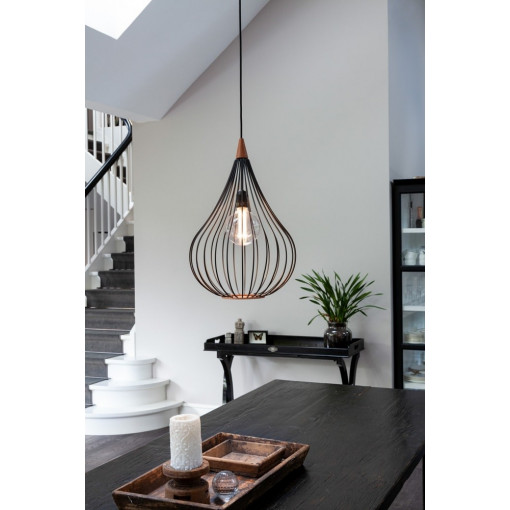 Designerska Lampa druciana wisząca z drewnem Drops 38cm czarna HaloDesign do salonu, kuchni i jadalni