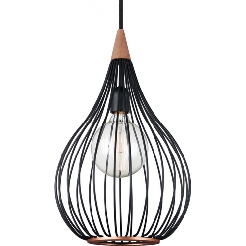 Designerska Lampa druciana wisząca z drewnem Drops 30cm czarna HaloDesign do salonu, kuchni i jadalni