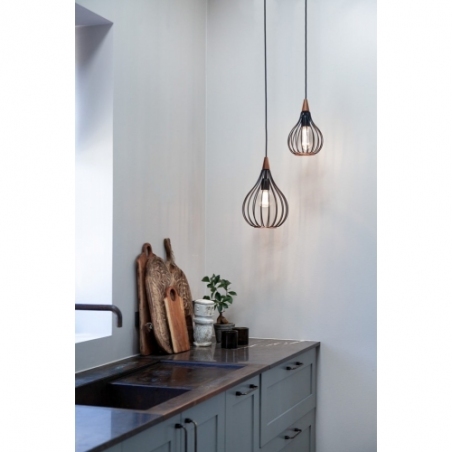 Designerska Lampa druciana wisząca z drewnem Drops 30cm czarna HaloDesign do salonu, kuchni i jadalni